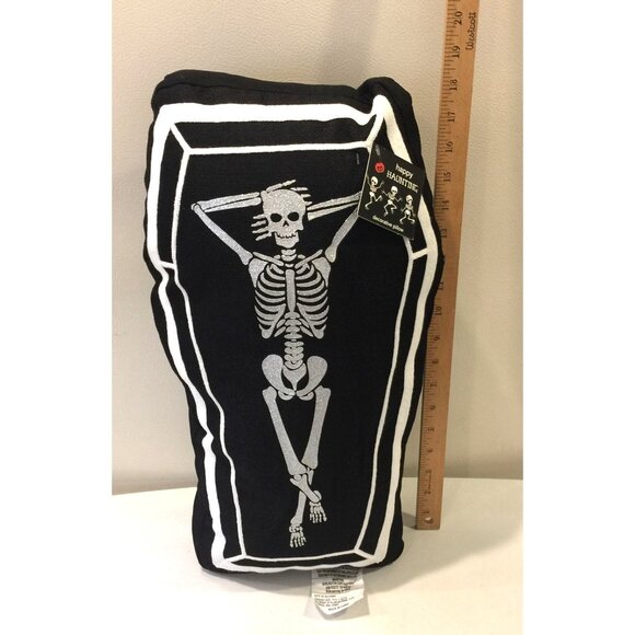 Happy Haunting Relaxing Skeleton in Black Coffin Accent Pillow Halloween 17" x 9 - Picture 3 of 4